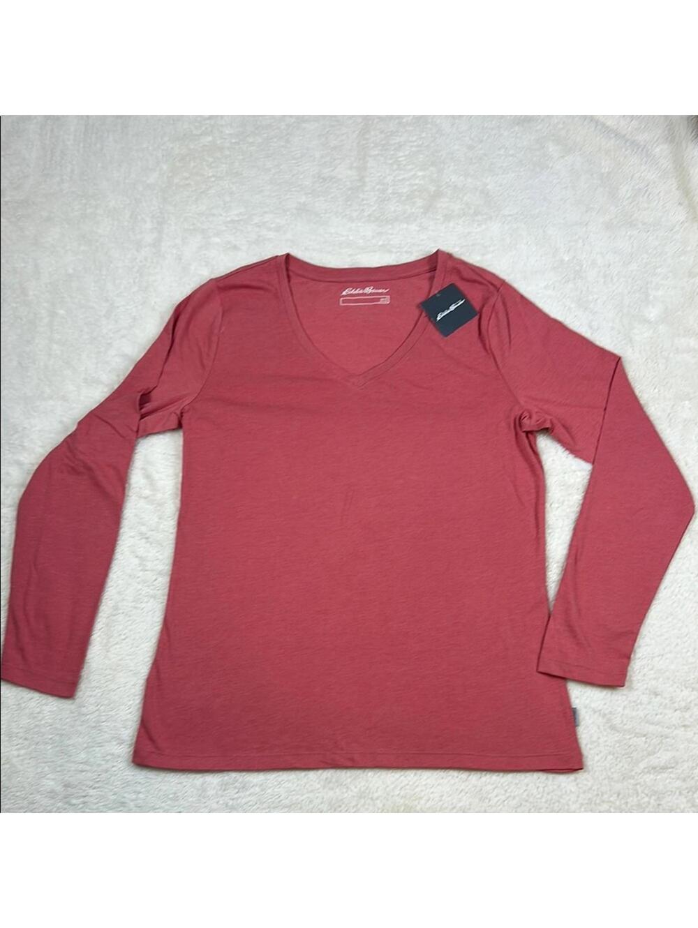 Eddie Bauer Women’s Coral Red Long Sleeve V-Neck T-Shirt NWT SZ Large